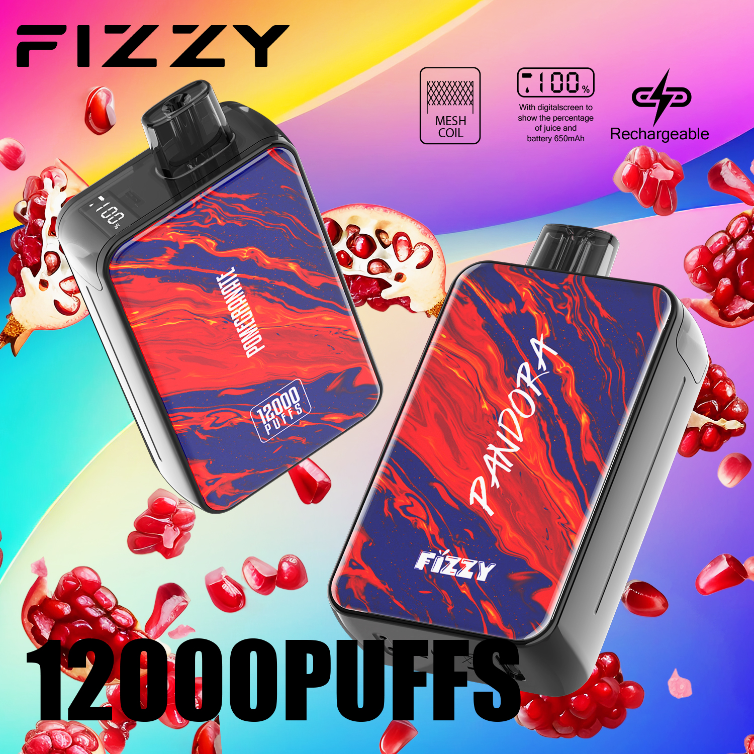 vapegonow.com Fizzy Pandora 12K(12000) Puffs 20ML E-Liquid Mesh Coil 650mAh battery Disposable Vape