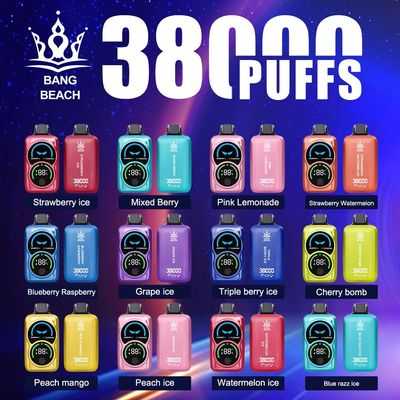 vapegonow.com Bang Beach 38K(38000) Puffs Fingerprint LED Display 0% 2% 3% 5% Nicotine 38 ml E-liquid Disposable Vape